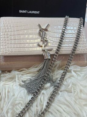 Saint Laurent Croc-Embossed Blush Leather Tassel Chain Crossbody